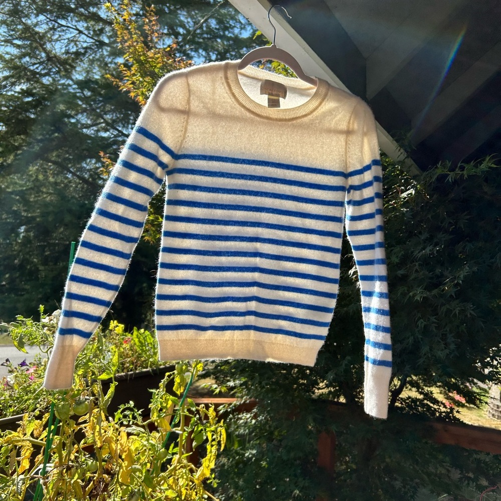 Cashmere White and Blue Stripe Breton Sweater